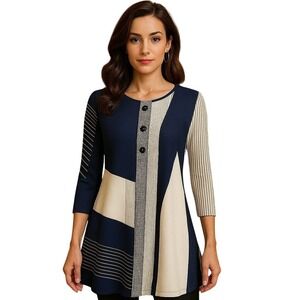 NWT Baisheng Color Block Tunic Top 3/4 Sleeve Casual Blouse Geometric Print M